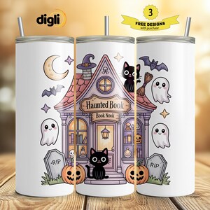 Haunted Bookstore Fall Tumbler PNG: Spooky Ghosts Library Design (Digital Download)