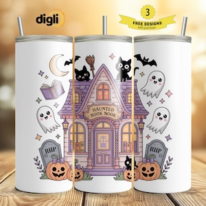 Haunted Bookstore Fall Tumbler PNG: Spooky Ghosts Library (Digital Download))