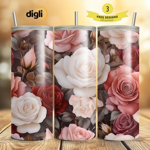 Red, White & Pink Roses Tumbler Wrap, 20 oz Skinny Tumbler Sublimation Design, Seamless Flowers Tumbler Wrap, Digital Instant Download PNG