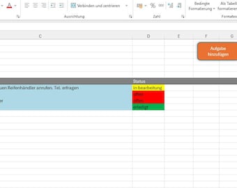 May include: A screenshot of a spreadsheet with data entries in columns labeled 'Datum', 'Angebotsnummer', 'Aufgabe/Text', and 'Status'. The spreadsheet includes highlighted rows and several buttons with German text.