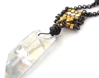 Crystal and Brass Beaded Necklace, Icy Gemstone, Rustic Jewelry by Chelsea Girl Designs