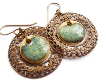 Vintaj Brass Filigree and Ceramic Drop Earrings, Rustic Summer Jewelry