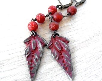 Fall Leaves Earrings, Aged Pewter and Red Agate Drop Earrings, Wire Wrapped, Boho Style, Red Patina Earrings