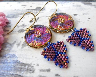 Handcrafted Button and Beaded Triangle Drop Earrings featuring Czech Glass Buttons and Beaded Drops