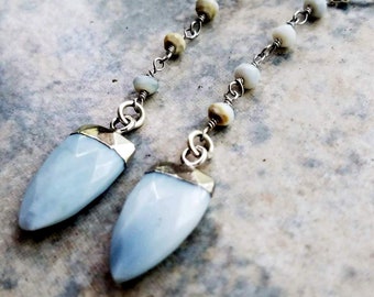 Blue Opal Faceted Point Silver Arrow Pendant Earrings, Sterling, Gemstone Chain, Denim Opal Earrings