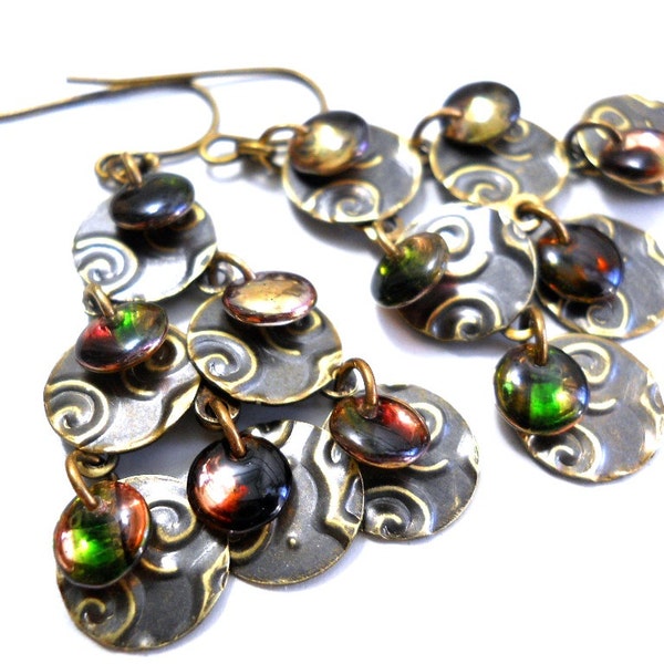 Beaded Chandelier Brass  and Glass Earrings, Metallic Glass, Embossed Brass Dangle Earrings, Metalwork, Boho Fashion, Multi colored