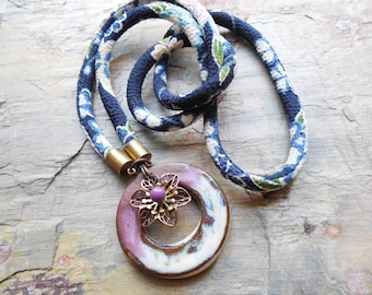 Ceramic and Floral Corded Necklace, Chirimen Japanese Cord, Elaine Ray, Antiqued Brass, Enamel and Copper