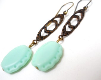 Mint Chocolate Earrings, Czech Glass Embossed beads, Chocolate Brown Brass, Victorian Style Earrings, Pastel Fashion