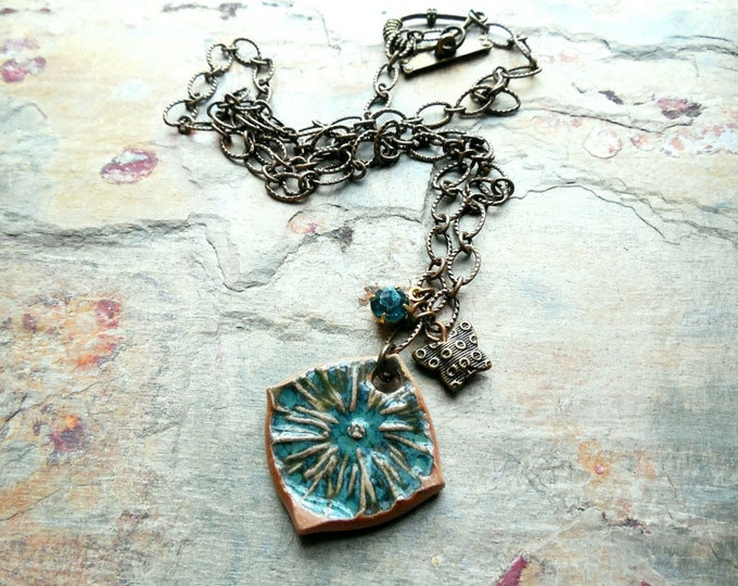 Ceramic Pendant Necklace, Floral, Antiqued Brass, Crystal and Butterfly