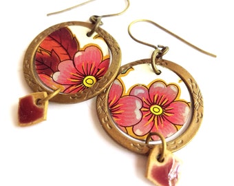 Vintage Floral Tin, Brass and Ceramic Drop Circular Earrings, Floral Jewelry, Elaine Ray Ceramic