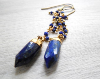 Petite Gold Leaf Lapis Lazuli Spike Earrings with Lapis Micro Faceted Dangling Gold Chain, Boho Earrings, Denim Blue Jewelry