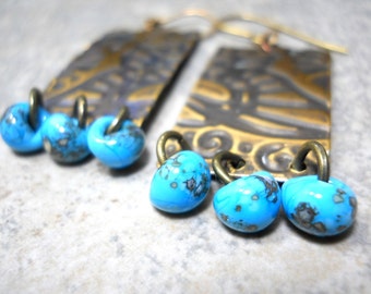 Turquoise Butterfly Wing Embossed Earrings, Lampwork Glass Drops, Rectangles, Rustic Earrings, OOAK, Organic Fashion