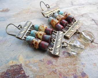 Triple Row Earrings, Rustic Picasso Czech Glass, Gemstone and Brass Beaded Earrings