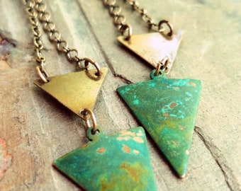Geometric Green Verdigris and Brass Triangle Dangle Earrings, Art Deco Long Drop Earrings