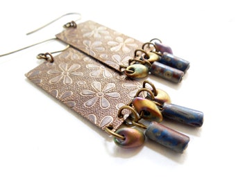 Floral Brass and Glass Drop Dangle Earrings, Embossed metal, Czech Glass Rustic Jewelry, Boho Style