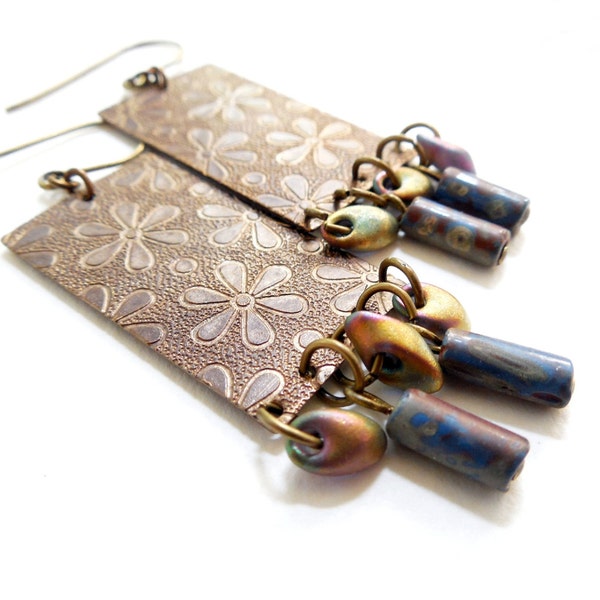 Floral Brass and Glass Drop Dangle Earrings, Embossed metal, Czech Glass Rustic Jewelry, Boho Style