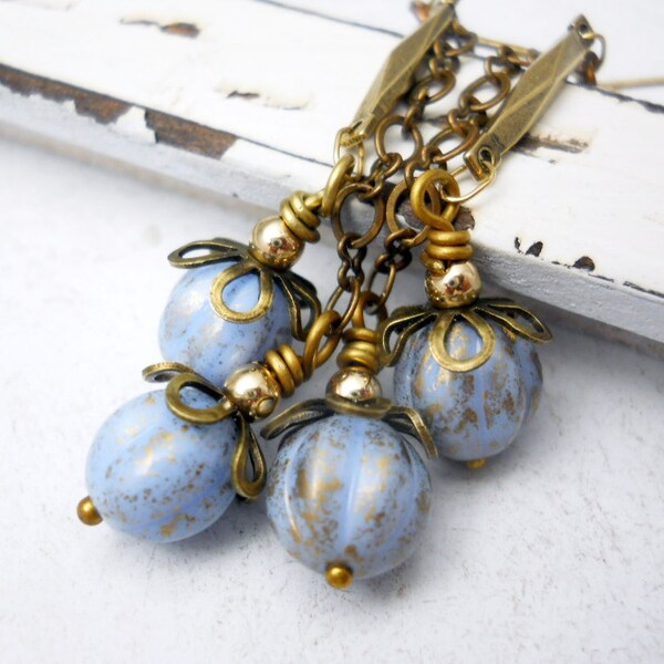 Ice Blue Earrings, Czech Glass, Antiqued Brass, Vintage Style Chain, Gold Filled Beads