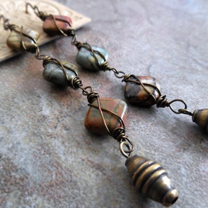 Long Gemstone and Brass Dangle Earrings, Earthy, Rustic Modern Statement Earrings image 3