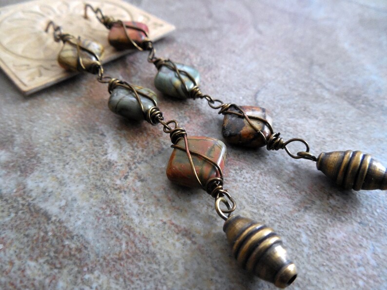 Long Gemstone and Brass Dangle Earrings, Earthy, Rustic Modern Statement Earrings image 3