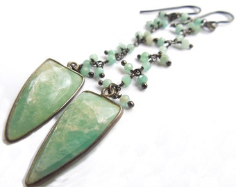 Amazonite Black Gold Bezel Drop with Gemstone Encrusted Chain Drop Earrings