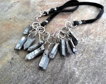Metallic Silver Crystal and Suede Leather Cluster Necklace, Sterling Silver Modern Jewelry, Statement Necklace