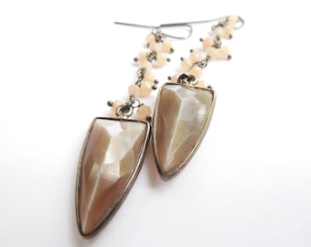 Chocolate Moonstone Black Gold Bezel Drop with Peach Moonstone Encrusted Chain Drop Earrings