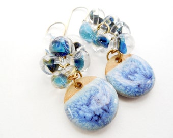 Blue Sky Ceramic and Lampwork Glass Dangle and Drop Cluster Earrings, Spring Fashion, Denim Blue