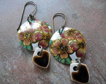 Vintage Floral Tin and Ceramic Drop Circular Earrings, Floral Jewelry, Elaine Ray Ceramic