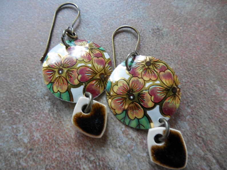 Vintage Floral Tin and Ceramic Drop Circular Earrings, Floral Jewelry, Elaine Ray Ceramic image 1