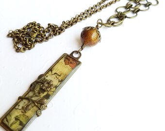 Gemstone and Brass Vine Necklace, Mixed Media, Rustic Colored Charm Necklace