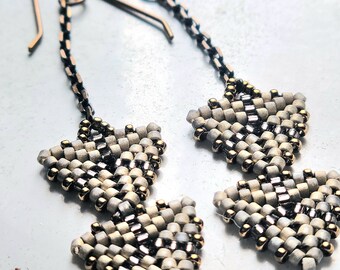 Triangle Beaded Dangle Earrings, Delicate Peyote and Herringbone Stitched Seed Bead Triangles, Gray, Bronze Bridal Jewelry