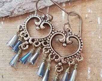 Victorian Style Chandelier Brass and Iridescent Blue Czech Glass Dangle Earrings