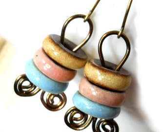 SALE Ceramic and Brass Earrings, Elaine Ray Ceramic Washers and Coiled Antiqued Brass, Rustic Earrings, Boho Fashion