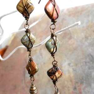 Long Gemstone and Brass Dangle Earrings, Earthy, Rustic Modern Statement Earrings image 4