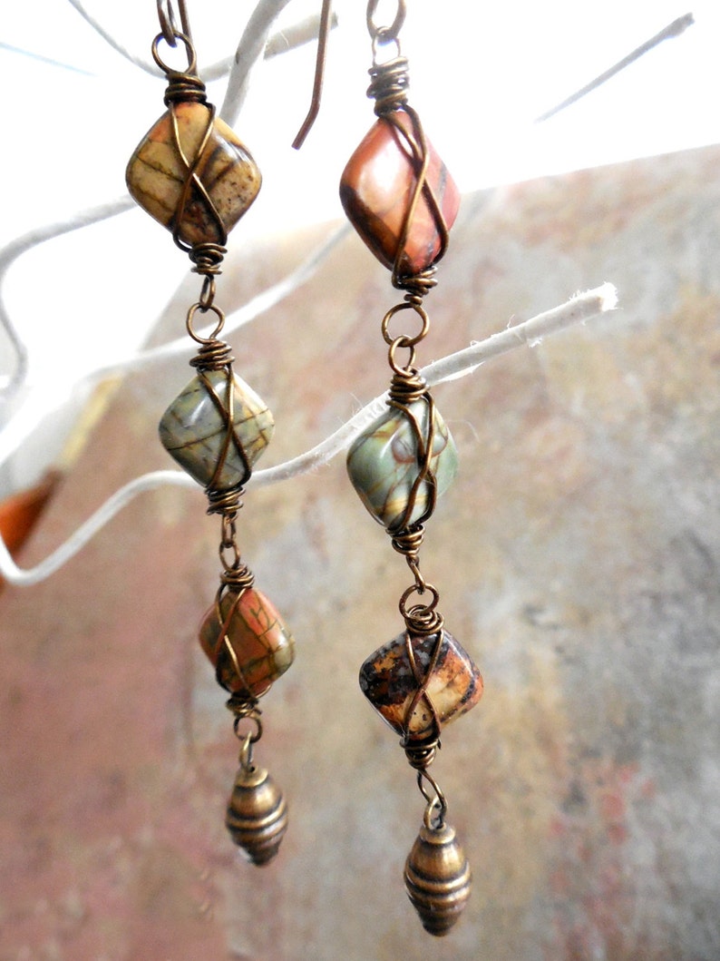 Long Gemstone and Brass Dangle Earrings, Earthy, Rustic Modern Statement Earrings image 4