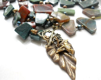 Woodland Necklace, Natural Jasper, Pearls, Brass Leaf, Hummingbird charm