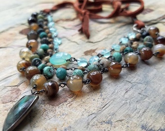 4 Strand Gemstone and Suede Lace Necklace