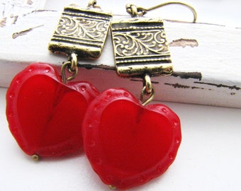Red Hearts Earrings, Vintage Red Glass Hearts and Brass Etched Charms, Vintage Fashion, Valentine Jewelry, Rustic