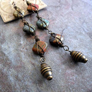 Long Gemstone and Brass Dangle Earrings, Earthy, Rustic Modern Statement Earrings image 2