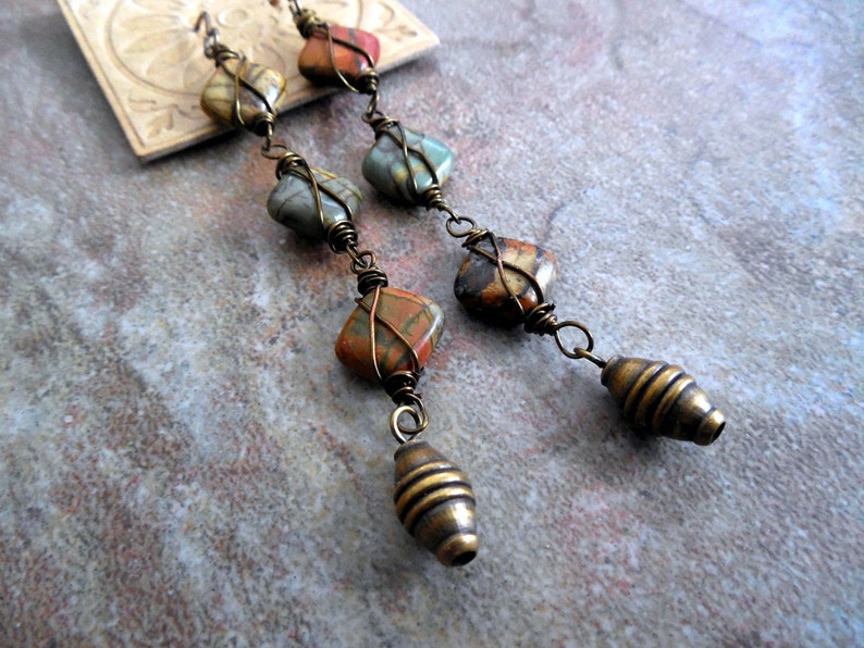 Long Gemstone and Brass Dangle Earrings, Earthy, Rustic Modern Statement Earrings image 2