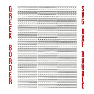 Puede incluir: Una colección de diseños de bordes griegos en blanco y negro. La imagen incluye las palabras "GREEK BORDER" en rojo a la izquierda y "SVG DXF BUNDLE" en rojo a la derecha. Los bordes presentan varios patrones geométricos y ornamentales.