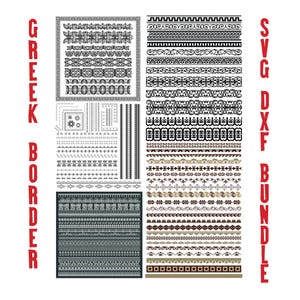 May include: A selection of Greek border patterns in black and white, displayed in a grid. The designs feature diverse motifs, including floral, geometric, and scrollwork. The text "GREEK BORDER" is vertically written in red on the left, and "SVG DXF BUNDLE" is vertically written in red on the right.