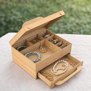 May include: A light brown wooden jewelry box with an open lid and a pull-out drawer. The box is filled with various jewelry pieces, including necklaces, bracelets, and rings. The box is made of light brown wood and has a natural finish.