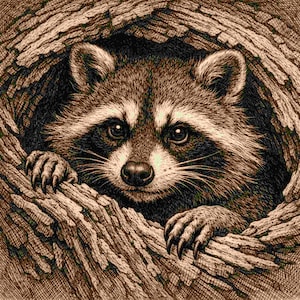 May include: A detailed sepia-toned illustration of a raccoon peering out from a tree hollow. The raccoon has a distinctive black mask, brown fur, and is framed by the textured bark of the tree. Its paws are visible, grasping the tree.