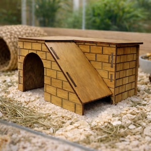 May include: A wooden hamster house with a ramp and arched doorway. The house is constructed from light brown wood, designed to resemble brickwork. The ramp leads to a flat roof, and the structure sits on a bed of small, light-colored stones.