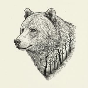 May include: Detailed black and white illustration of a bear's head in profile. The bear's fur is meticulously rendered, and the image incorporates a forest scene within the bear's form, creating a unique artistic composition. The background is a neutral off-white.