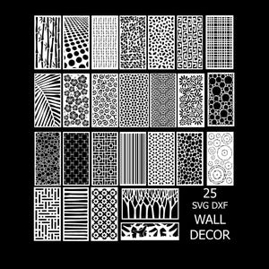 May include: A collection of 25 white wall decor designs in SVG and DXF formats, displayed against a black background. The designs feature various patterns, including bamboo, dots, leaves, and geometric shapes. The text "WALL DECOR" is included.