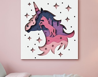 Unicorn 3D Layered Papercut SVG PNG | Laser Cut Wood & Paper Unicorn | Multilayer Unicorn Shadow Box Design
