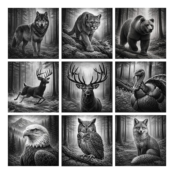 Wildlife Rustic Slate Forest Animal Laser Engraving Bundle, Wolf Bear Deer Elk Turkey Eagle Moose Fox Owl Mountain Lion Laser Designs