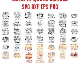 Paquete de 45 frases otoñales en formato SVG, DXF, PNG y EPS. Archivos de corte de frases otoñales para Cricut y Silhouette. Paquete SVG de calabaza y especias de Acción de Gracias.